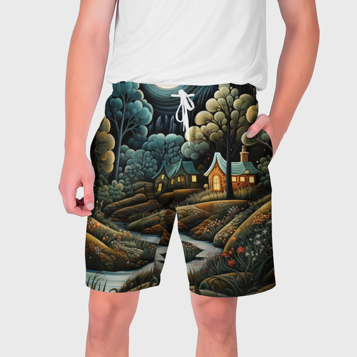 Мужские шорты 3D Домики в лесу в стиле фолк арт фото