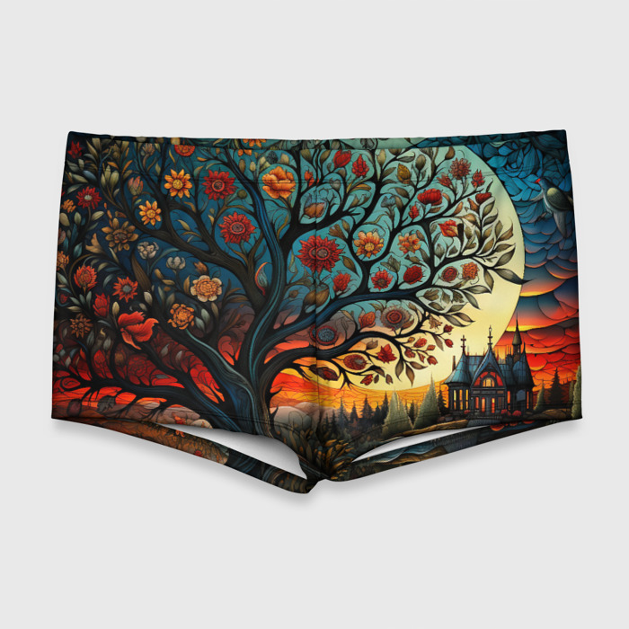 Мужские купальные плавки 3D Цветущее дерево в стиле фолк арт фото