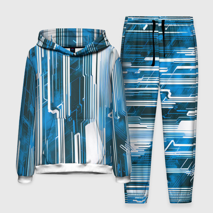 Мужской костюм с толстовкой 3D Киберпанк полосы белый и синий фото