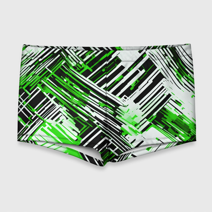 Мужские купальные плавки 3D Киберпанк линии белые и зелёные фото