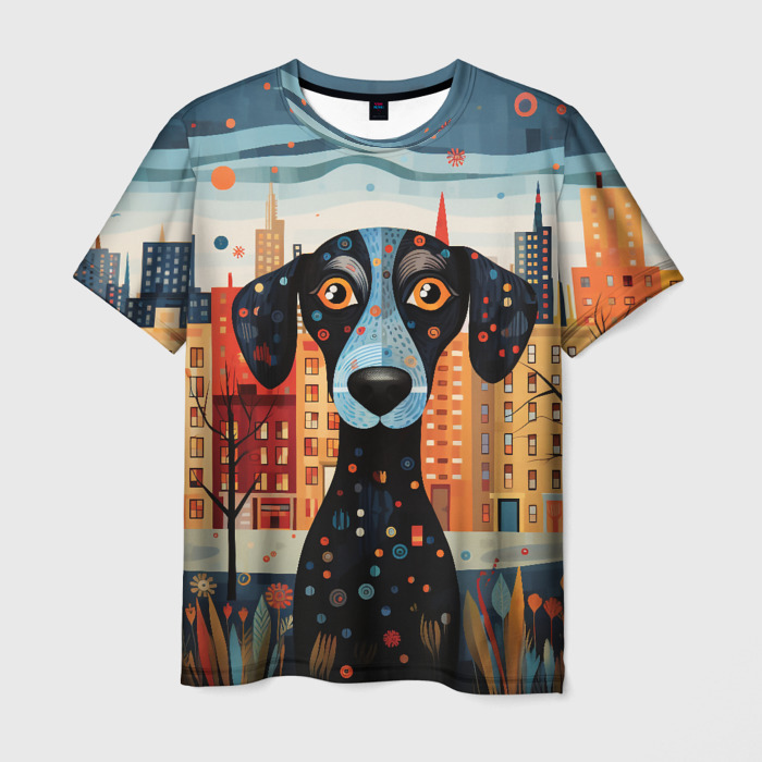 Мужская футболка 3D Собачка на фоне города в стиле фолк арт фото