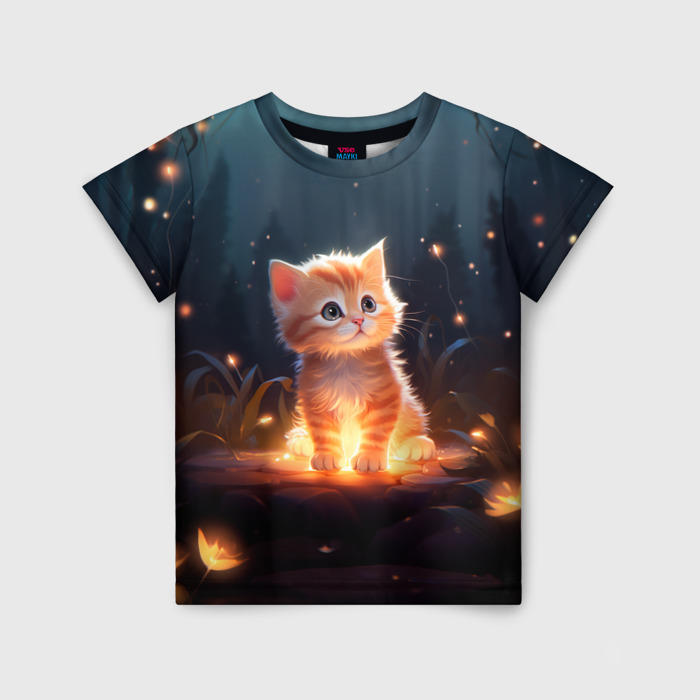 Детская футболка 3D Котенок со светлячками фото