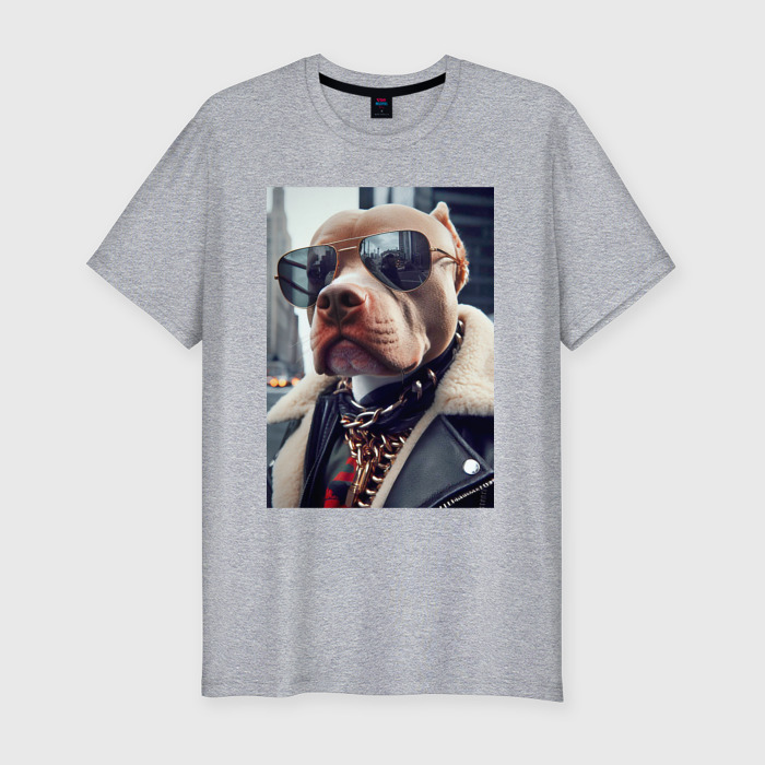 Мужская футболка хлопок Slim Чувак питбуль в тёмных очках   нейросеть фото
