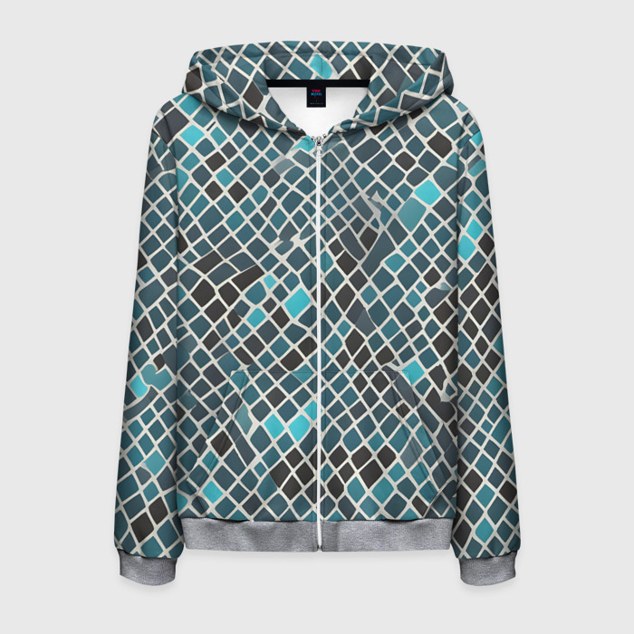 Мужская толстовка 3D на молнии Белые полосы и синие квадраты фото
