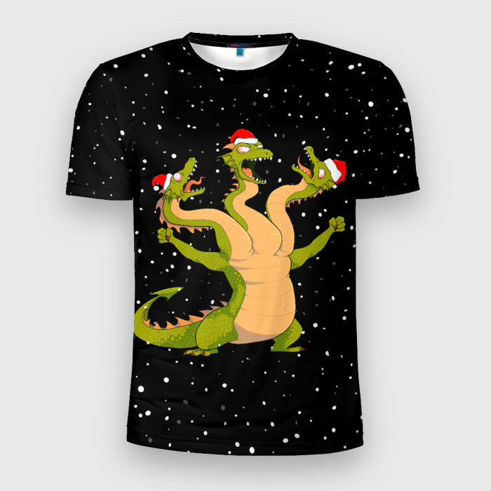 Мужская футболка 3D Slim Горыныч в новогодних шапках фото