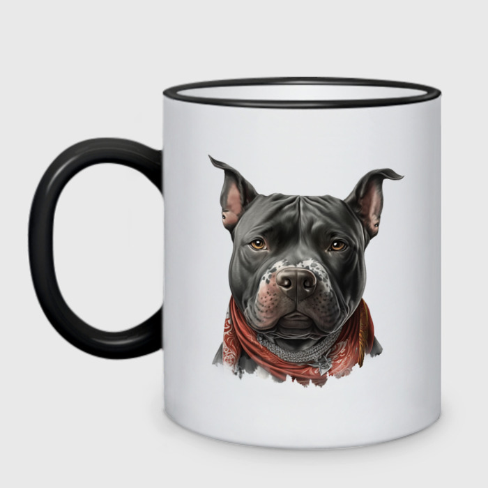 Кружка двухцветная Питбуль черный в бандане фото