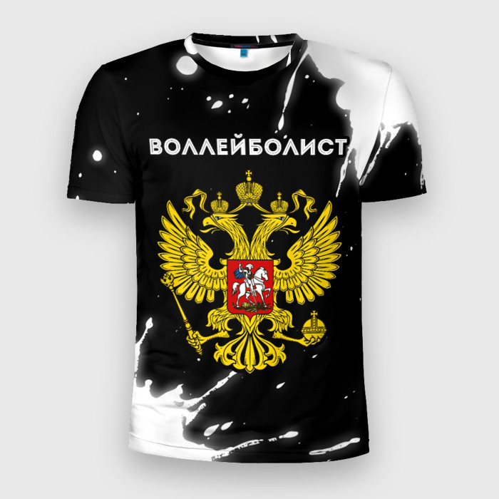 Мужская футболка 3D Slim Воллейболист из России и герб РФ фото