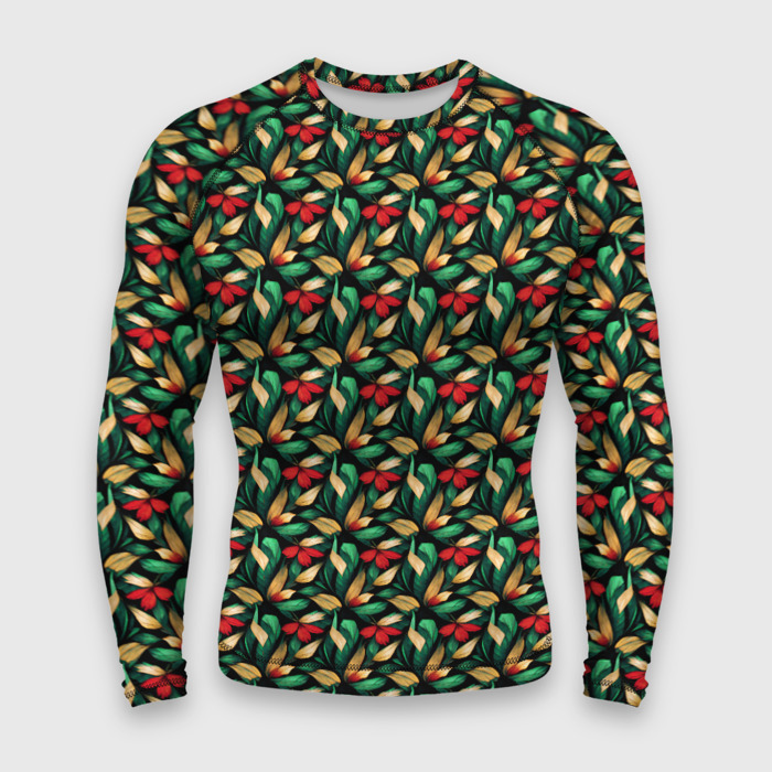 Мужской рашгард 3D Красные цветы с листьями фото