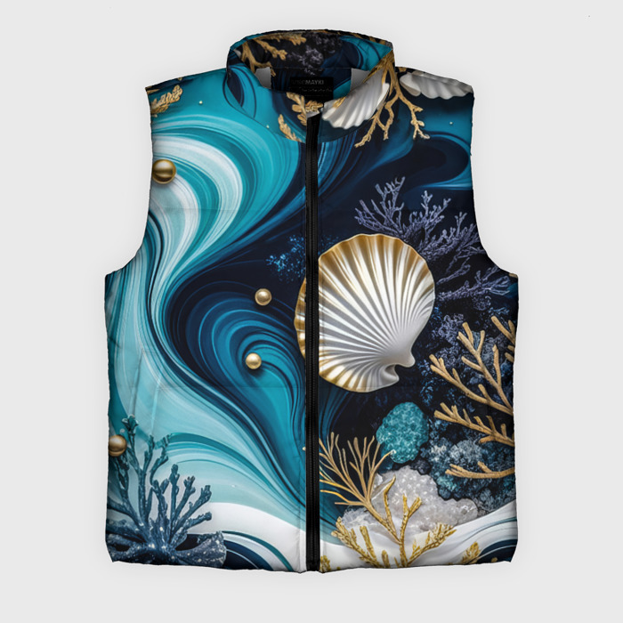 Мужской жилет утепленный 3D Кораллы и ракушки на бирюзовой глубине фото