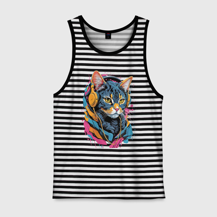 Мужская майка хлопок Кот меломан в наушниках фото