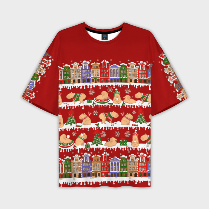 Мужская футболка oversize 3D Капибара на Новый год фото