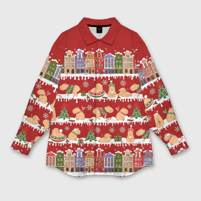 Мужская рубашка oversize 3D Капибара на Новый год фото