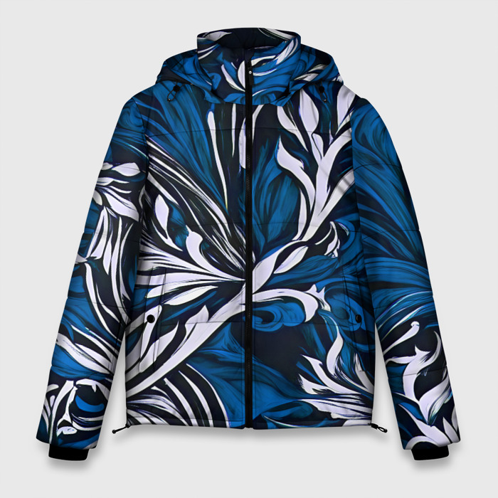 Мужская зимняя куртка 3D Синий и белый узор на чёрном фоне фото