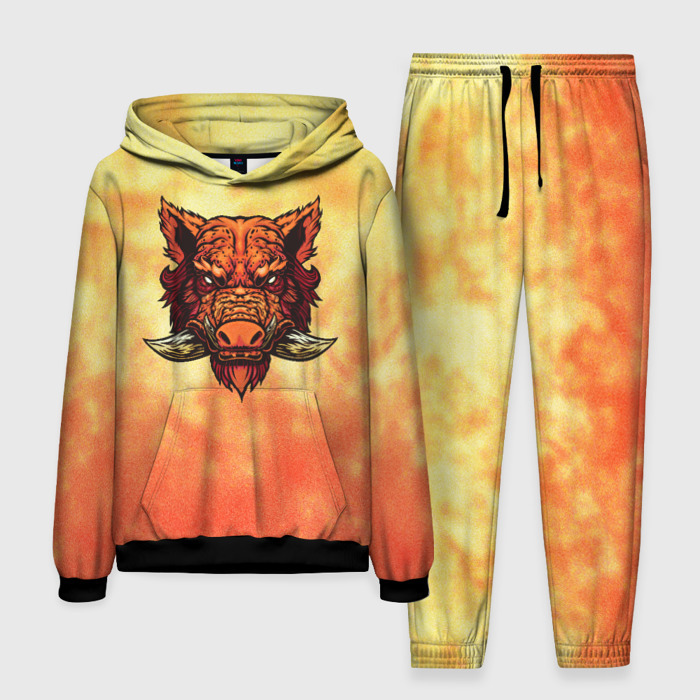 Мужской костюм с толстовкой 3D Огненный дикий кабан на фоне пламени фото