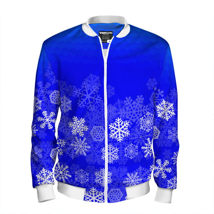 Мужской бомбер 3D Снежинки на синем фото