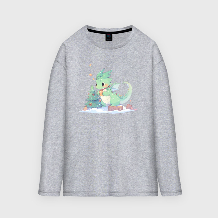 Мужской лонгслив oversize хлопок Чиби дракон с ёлочной игрушкой фото