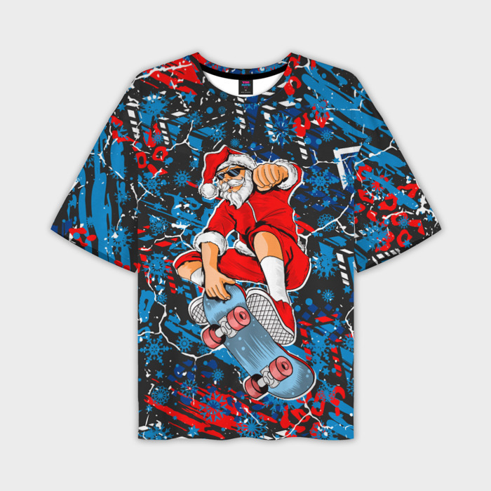 Мужская футболка oversize 3D Санта Клаус на скейтборде фото