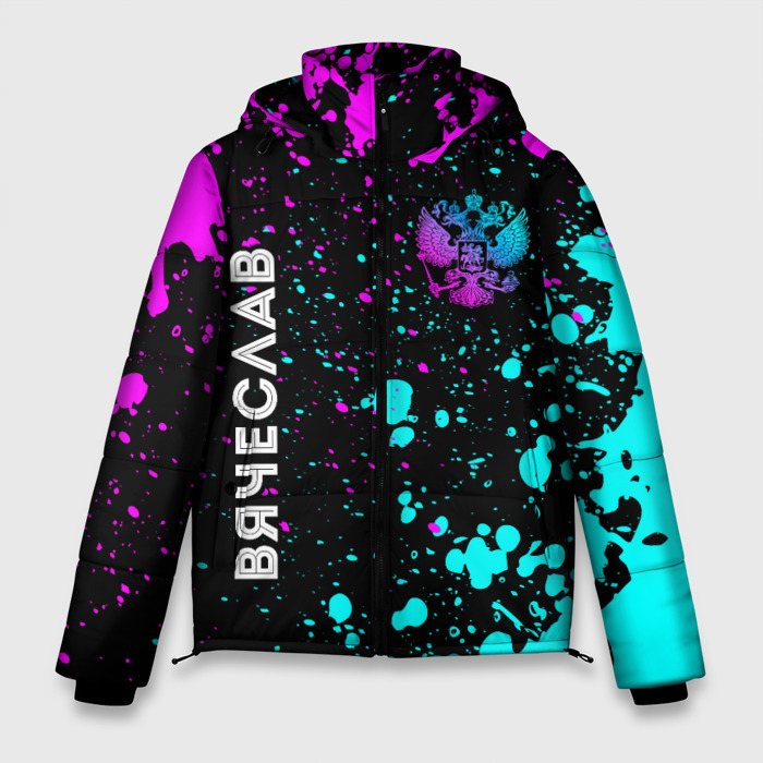 Мужская зимняя куртка 3D Вячеслав и неоновый герб России вертикально фото