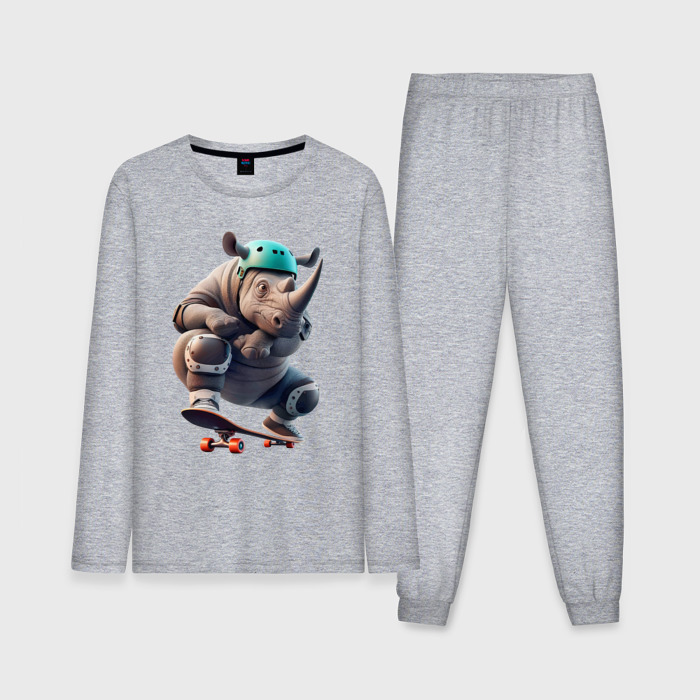 Мужская пижама с лонгсливом хлопок Крутой носорог на скейтборде   нейросеть фото