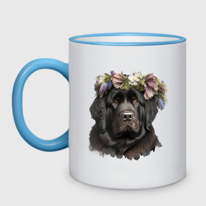 Кружка двухцветная Ньюфаундленд в венке из цветов фото