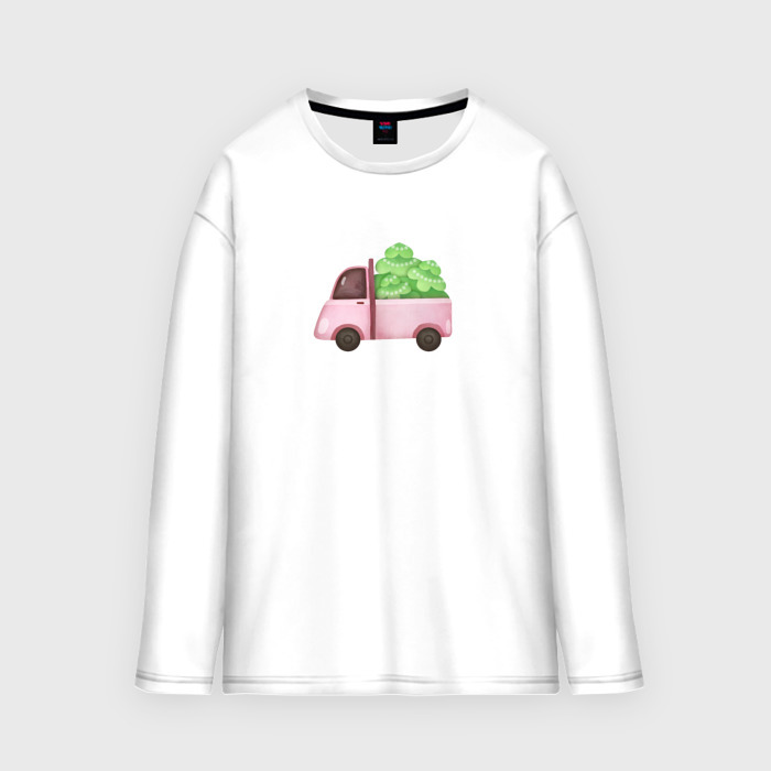 Мужской лонгслив oversize хлопок Розовый грузовик везет новогодние елки фото
