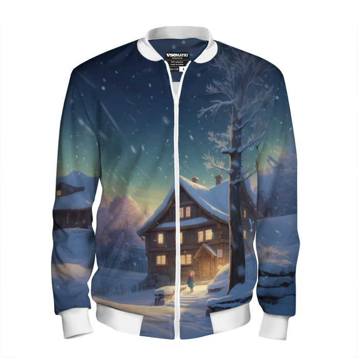Мужской бомбер 3D Вечерний снегопад в деревне фото