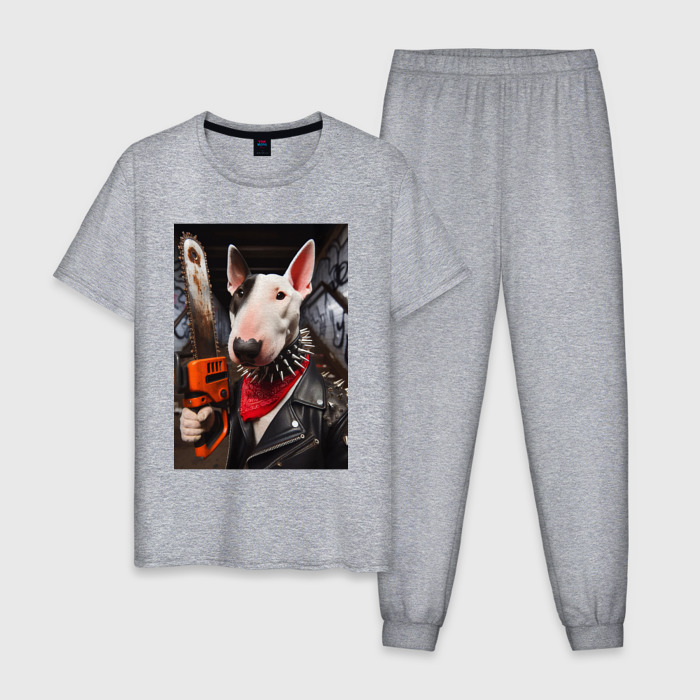 Мужская пижама хлопок Бультерьер с бензопилой   нейросеть фото