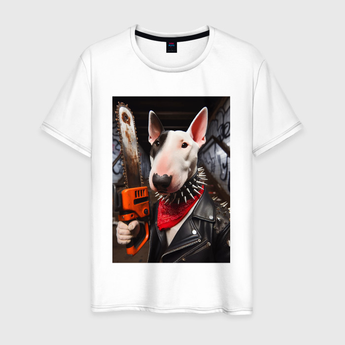 Мужская футболка хлопок Бультерьер с бензопилой   нейросеть фото