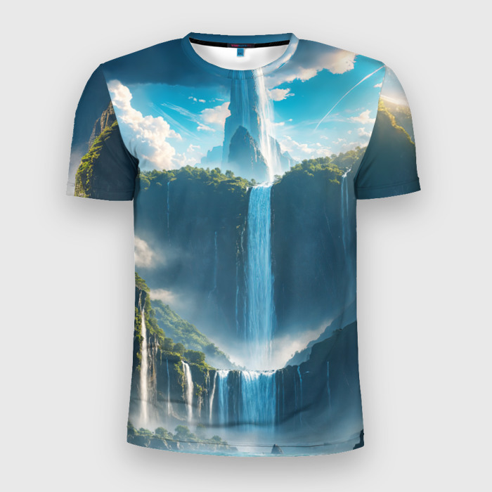 Мужская футболка 3D Slim Пейзаж с горами и водопадом фото