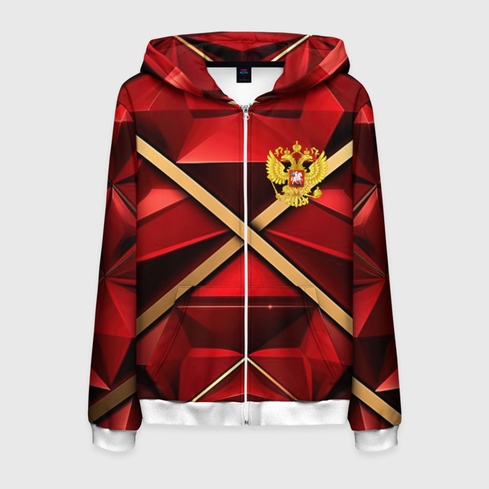 Мужская толстовка 3D на молнии Герб России  на красном абстрактном фоне фото