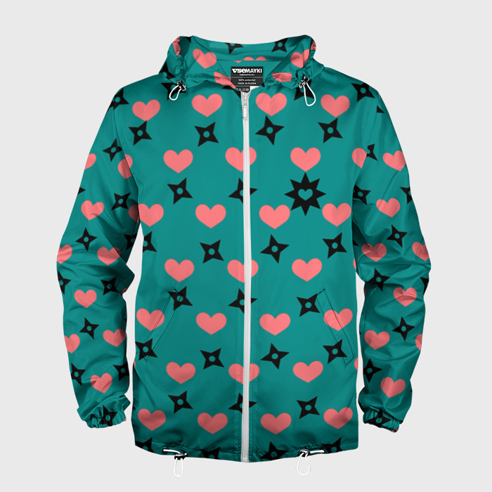 Мужская ветровка 3D Бирюза и розовый: сердца и сюрикены фото