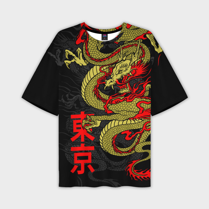 Мужская футболка oversize 3D Золотой дракон Токио   иероглиф фото