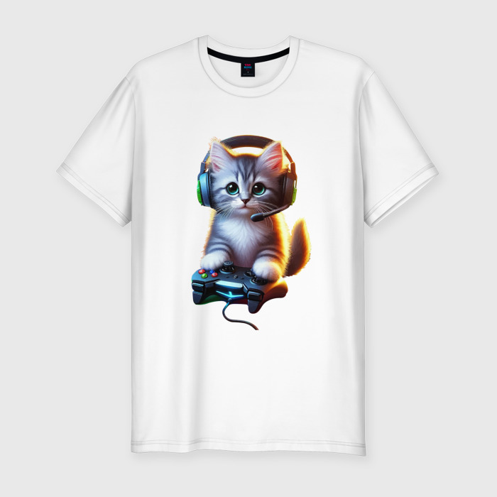 Мужская футболка хлопок Slim Котёнок заядлый игрок фото