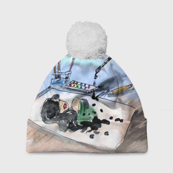 Шапка 3D c помпоном Капли и портрет тушью фото