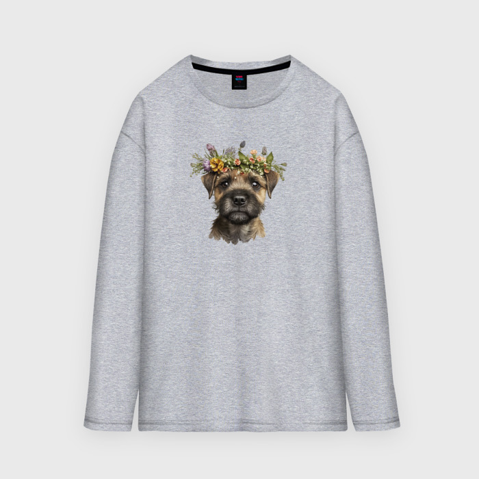 Мужской лонгслив oversize хлопок Бордер терьер в цветочном венке фото