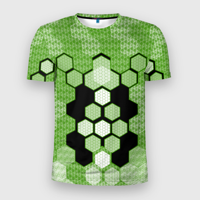 Мужская футболка 3D Slim Зелёная кибер броня hexagons фото