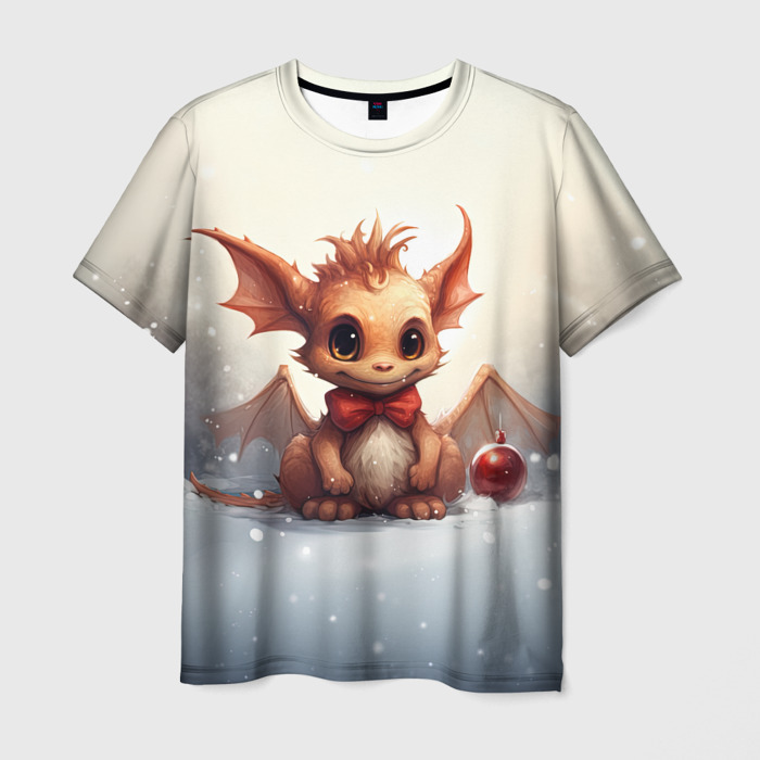 Мужская футболка 3D Маленький дракоша на снежном фоне фото