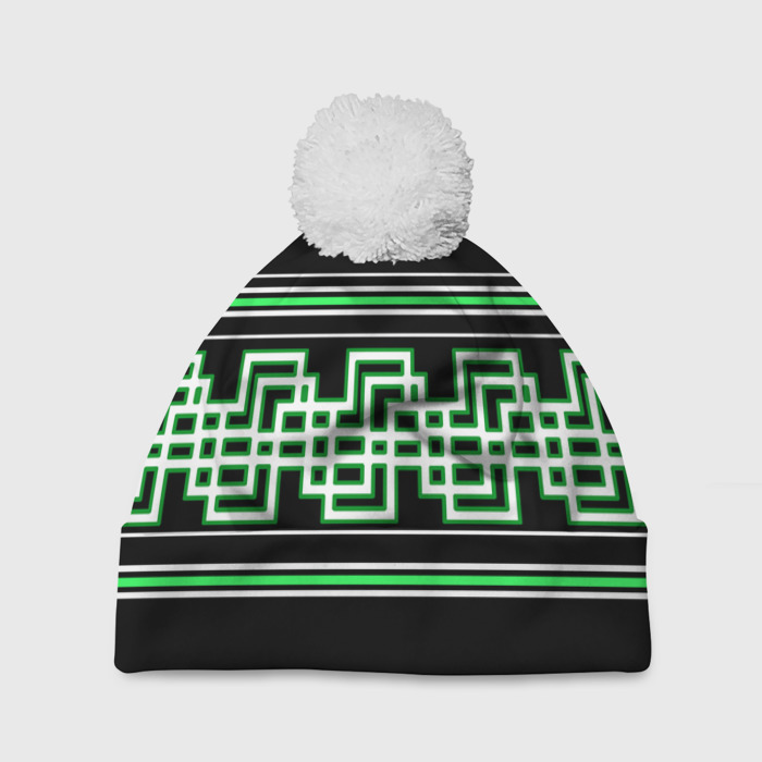 Шапка 3D c помпоном Греческие линии белы и зелёные фото