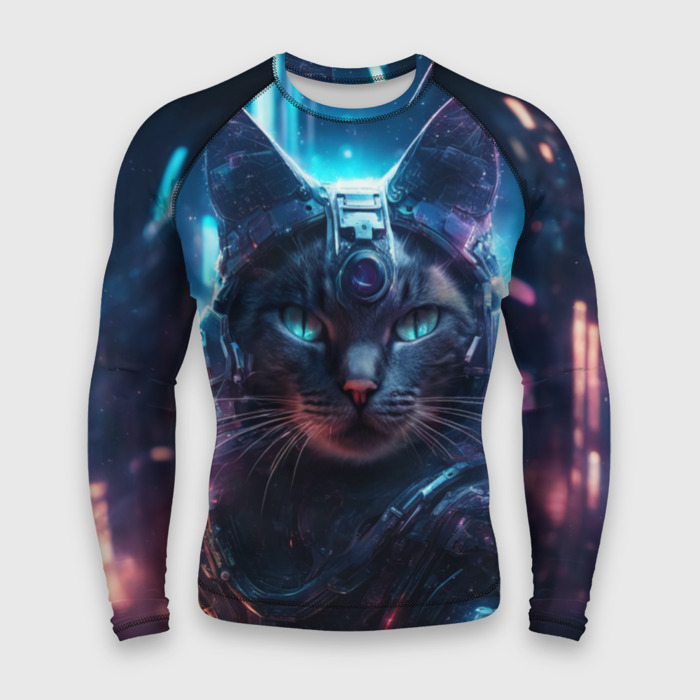 Мужской рашгард 3D Кот в стиле киберпанк от ai фото