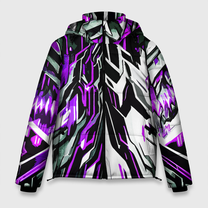Мужская зимняя куртка 3D Фиолетовая и белая абстракция на чёрном фоне фото