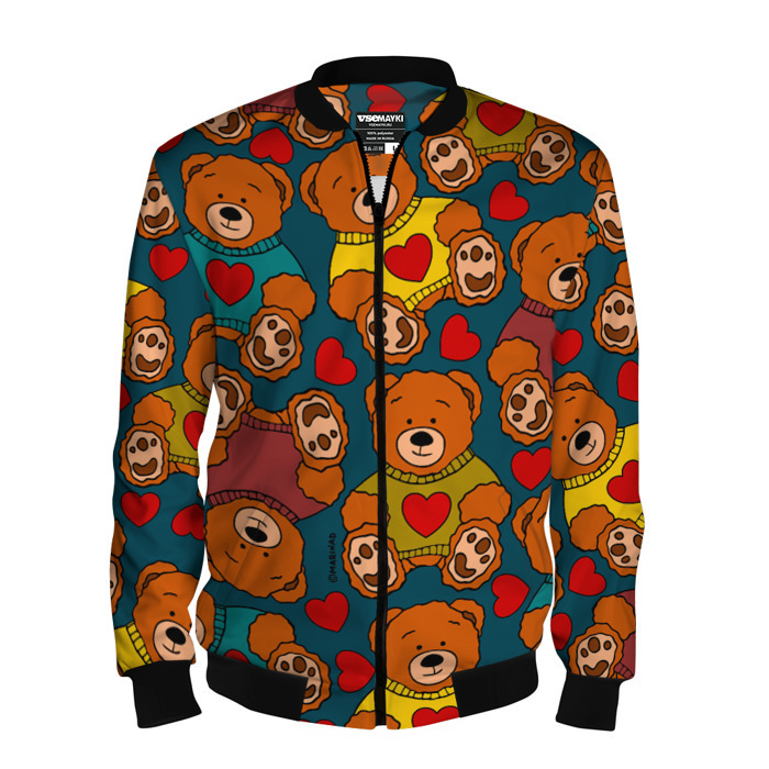 Мужской бомбер 3D Мишки игрушки в цветных свитерах  и сердечки фото