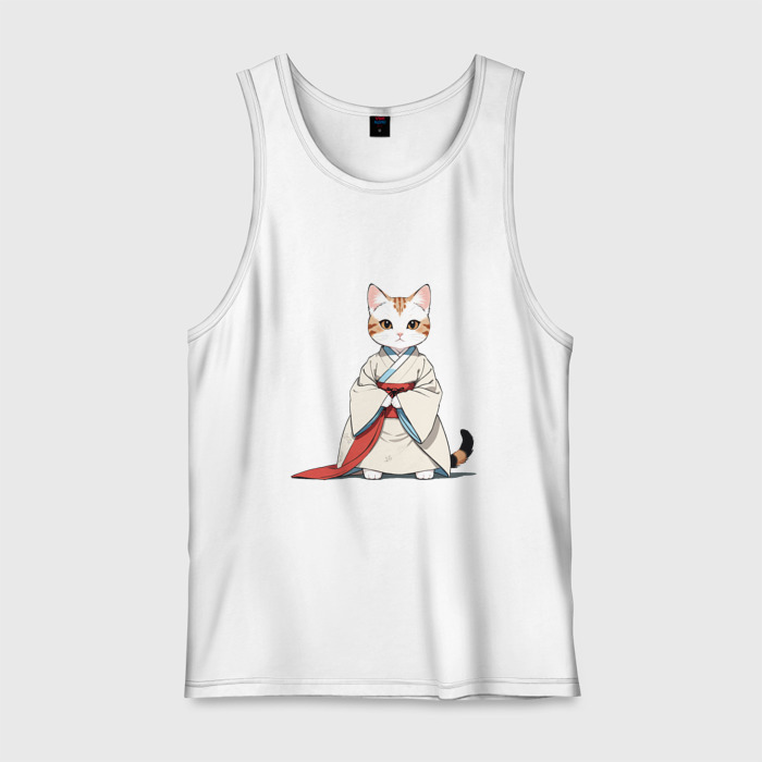 Мужская майка хлопок Кошка в белом ханьфу с красным поясом стоит, сложив лапки фото