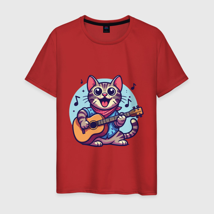 Мужская футболка хлопок Полосатый кот играет на гитаре фото