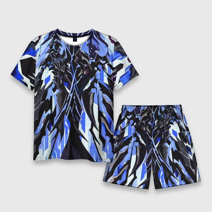 Мужской костюм с шортами 3D Чёрный материал и синие полосы фото