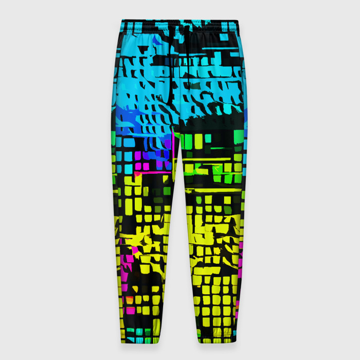 Мужские брюки 3D Разноцветный глитч на чёрном фоне фото