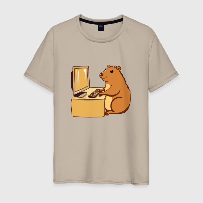 Мужская футболка хлопок Капибара за компьютером фото