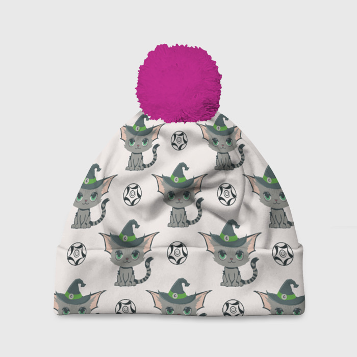 Шапка 3D c помпоном Кот в шляпе и спираль в круге фото