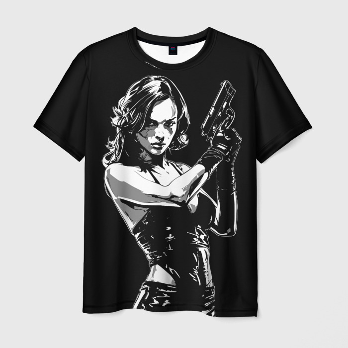 Мужская футболка 3D Брюнетка с черным пистолетом фото