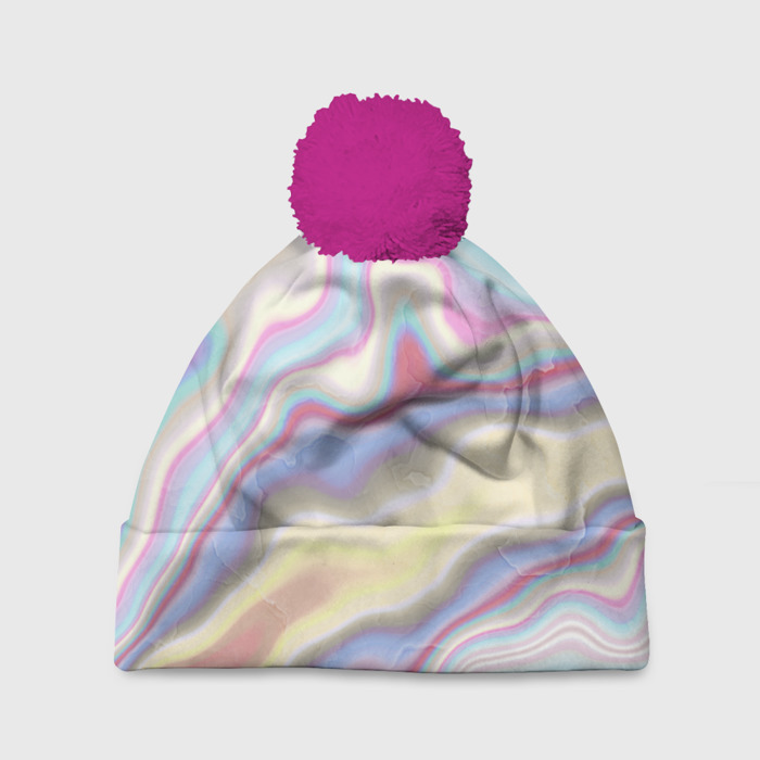 Шапка 3D c помпоном Мрамор узор разноцветный фото