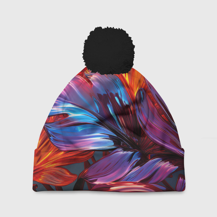 Шапка 3D c помпоном Гладкие листья разноцветные фото